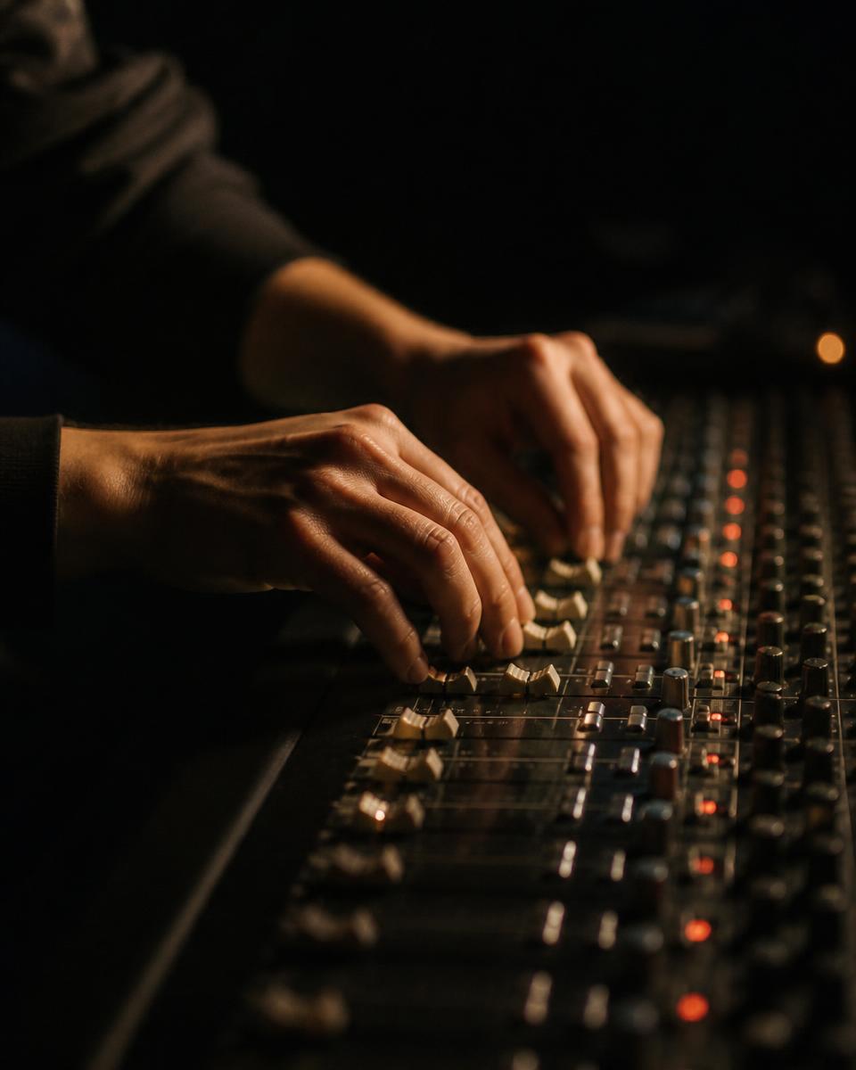 Christian Acevedo ajustando faders durante una mezcla